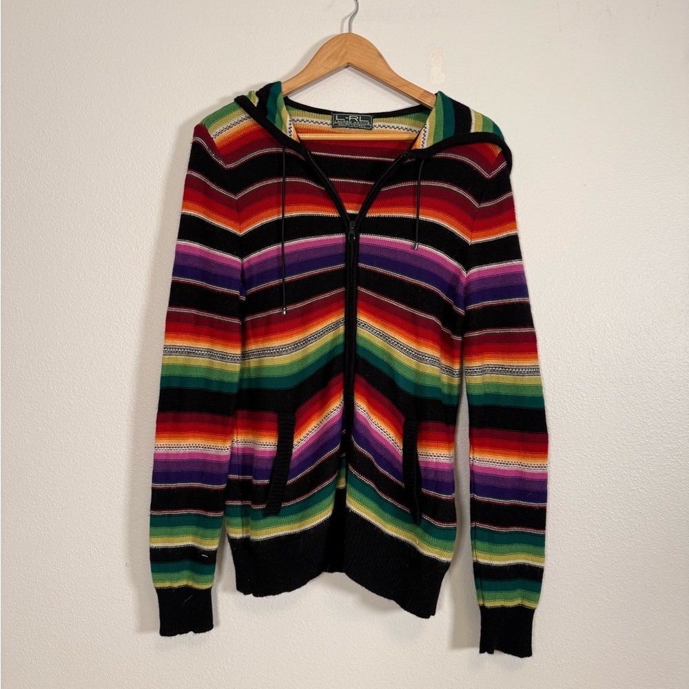 VTG Lauren Ralph Lauren Multicolor rainbow Striped hooded zip Cardigan Sz M